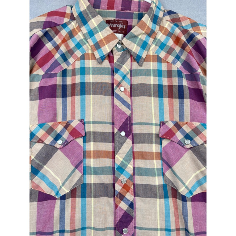 Wrangler Western Shirt Mens 3XLT Plaid Pearl Snap Short Sleeve Cowboy Retro